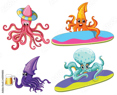 Octopus and Squid Cartoon Characters in Summer Theme