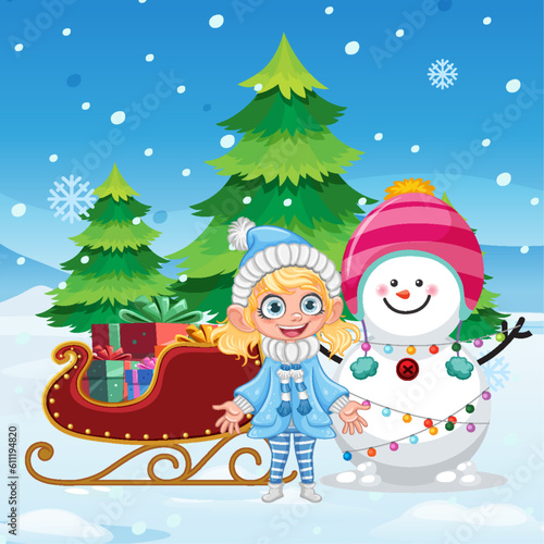 Happy girl with snowman winter background