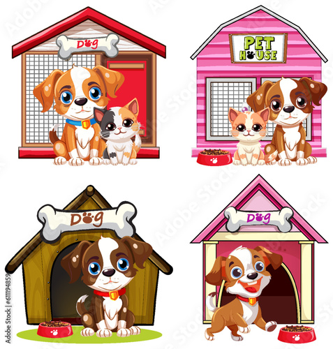 Dog in front of dog house