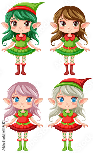 Set of cartoon character in Christmas elf outfit