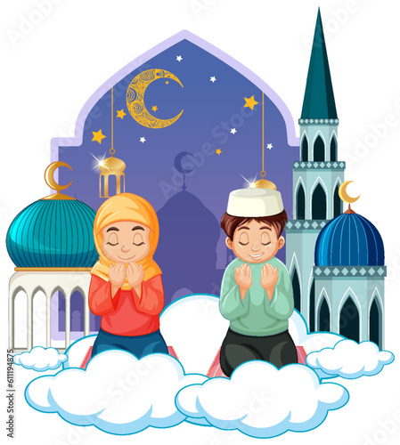 Muslim Couple Praying Cartoon Character