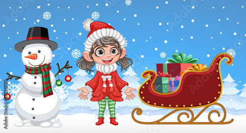 Happy girl with snowman winter background