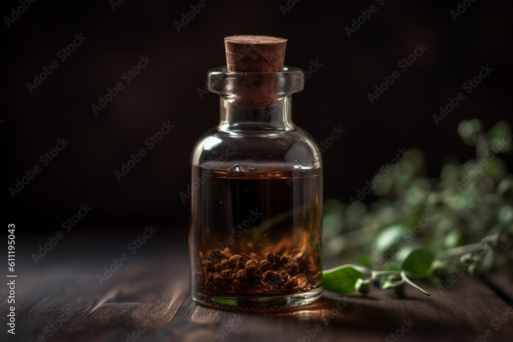 Petitgrain extract essential oil on the wooden table. Created with generative AI tools Petitgrain extract essential oil on the wooden table. Created with generative AI tools