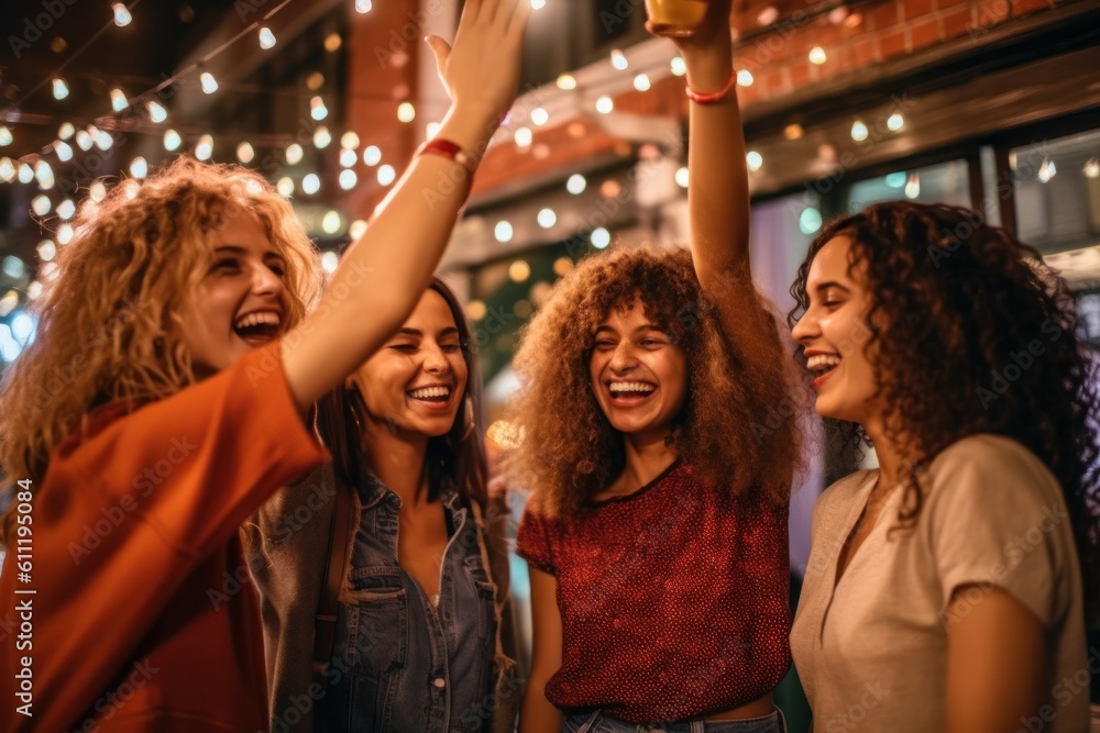 A candid moment captured as a group of friends reunite after summer break, high - fiving and expressing their excitement. Generative AI