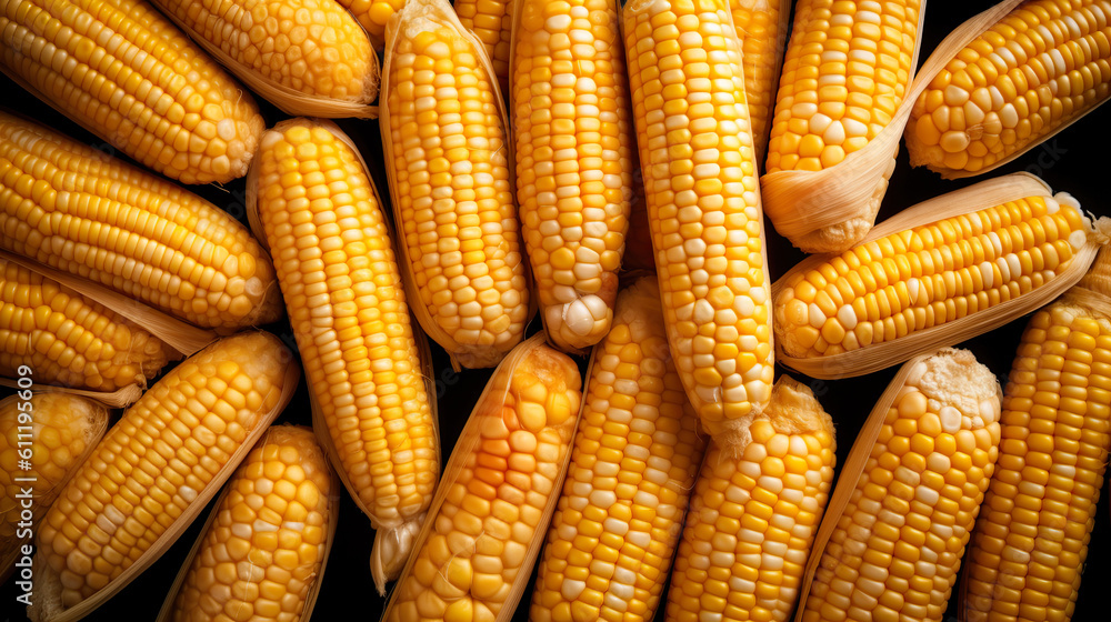 Close up organic fresh corn on background. Top view set of raw fresh corns with skin on color surfaces. Macro photo food vegetable sweet raw ear corn. Realistic 3D illustration. Generative AI Close up organic fresh corn on background. Top view set of raw fresh corns with skin on color surfaces. Macro photo food vegetable sweet raw ear corn. Realistic 3D illustration. Generative AI