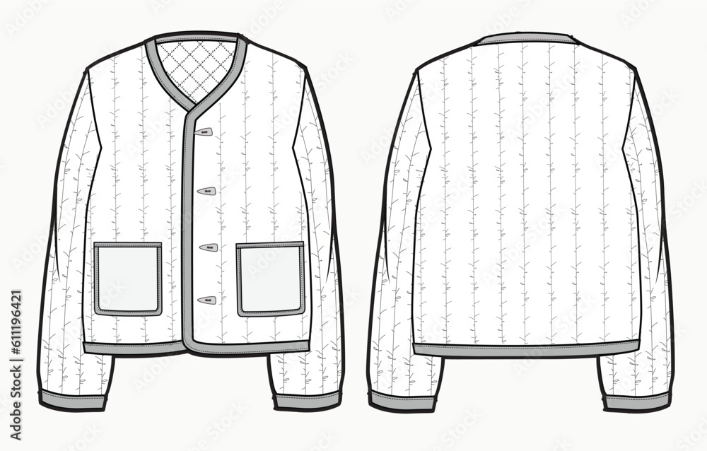 Quilted jacket front and back view flat drawing vector illustration
