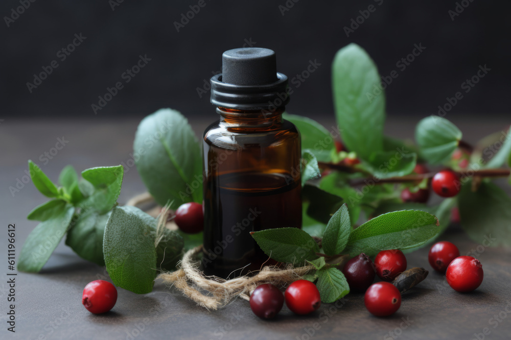 Wintergreen essential oil and fresh berries on the wooden table. Created with generative AI tools Wintergreen essential oil and fresh berries on the wooden table. Created with generative AI tools