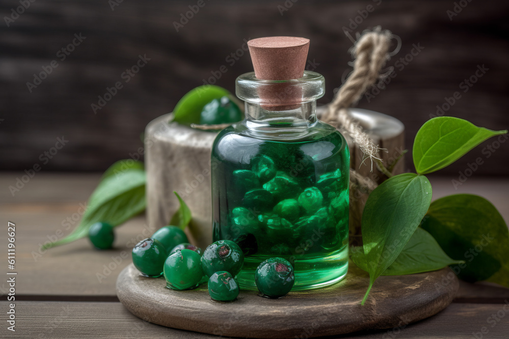 Wintergreen essential oil and fresh berries on the wooden table. Created with generative AI tools Wintergreen essential oil and fresh berries on the wooden table. Created with generative AI tools
