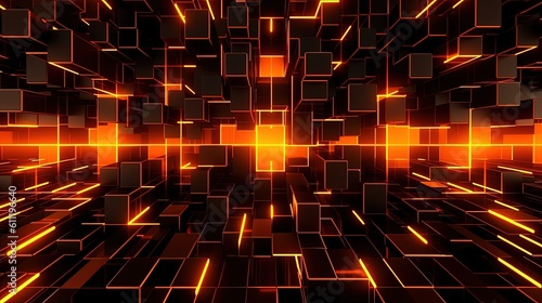 0987. Neon Orange Geometric Grid Background. Generative AI
