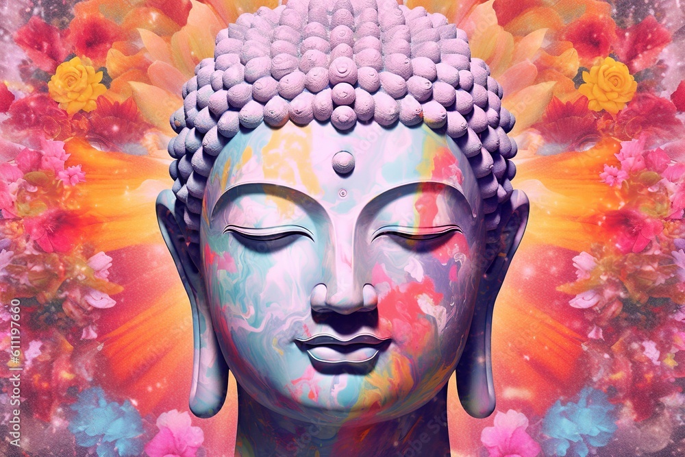 Full-faced and detailed Buddha's head on a colorful background. digital ...