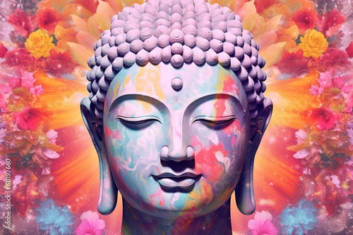 Full-faced and detailed Buddha s head on a colorful background. digital art collage  Generative AI