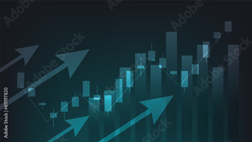 economy situation concept. Financial business statistics with bar graph and candlestick chart show stock market price and currency exchange on dark green background