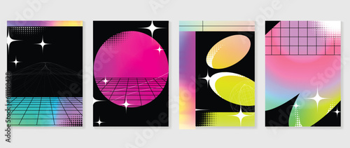 Modern y2k banner design background. Abstract gradient graphic with sparkles, circle, halftone. Aesthetic business cards collection illustration for flyer, brochure, invitation, social media, poster.