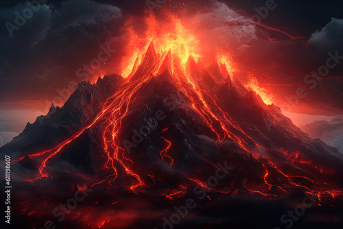 Erupting Volcano with Bright Red Hot Lava and Fire. Generative AI
