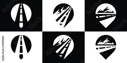 logo design road ,pin map and mountain icon trip adventure vector illustration