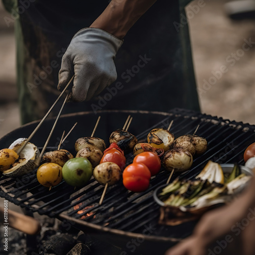 Friends making barbecue and having lunch in the nature. Man fries kebab on the grill. Steak barbecues cooking grilling on charcoals. Realistic 3D illustration. Generative AI photo