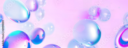 Abstract pastel pink blue background with iridescent magical air bubbles, wallpaper with glass balls or water drops