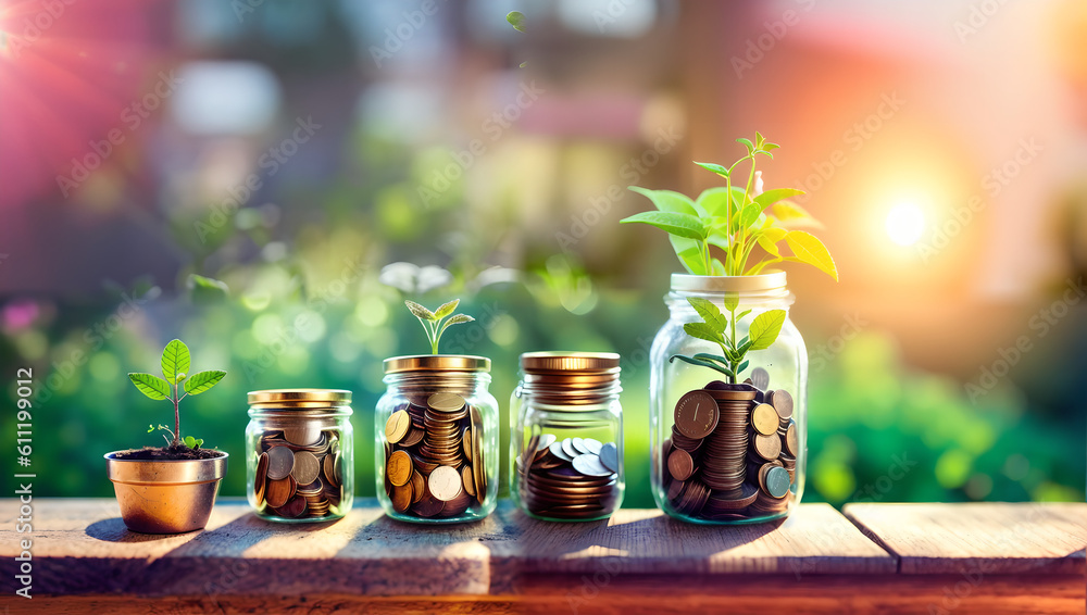 Savings with coins slowly growing in jars with plants symbolizing growth - obrazy, fototapety, plakaty 