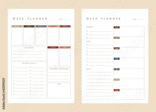 Set of Week Planner. (Monday to Sunday) 