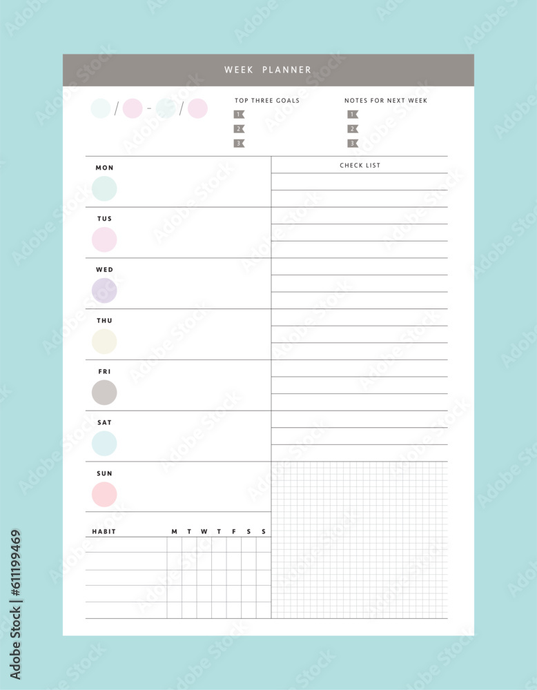 week planner. (Pastel) Minimalist planner template set. Vector illustration. week planner. (Pastel) Minimalist planner template set. Vector illustration.