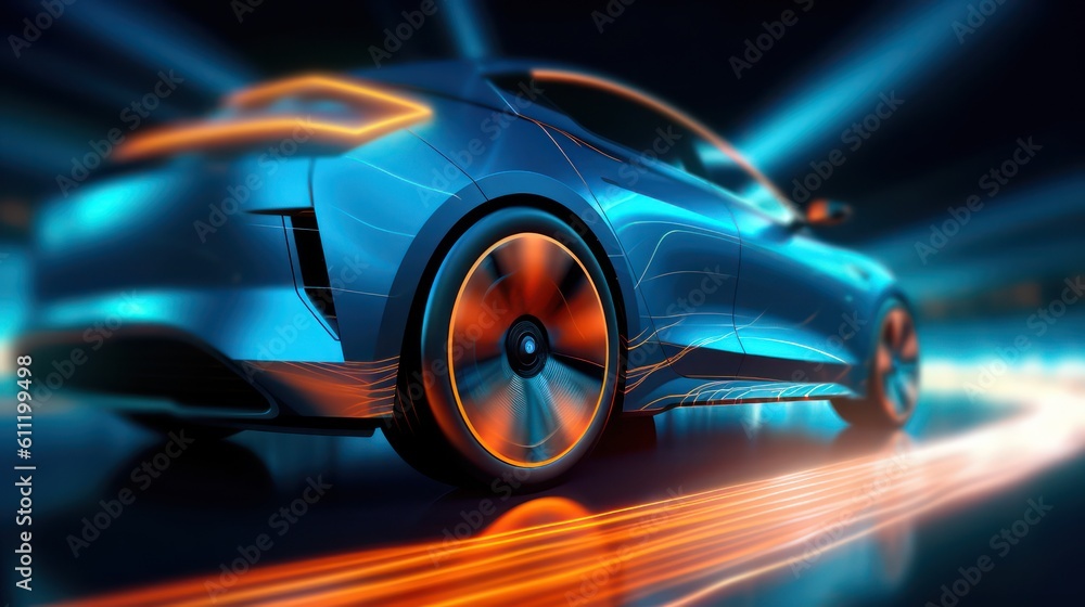 AI Generating picture of a futuristic electric black car with a holographic wireframe  digital technology background. 
