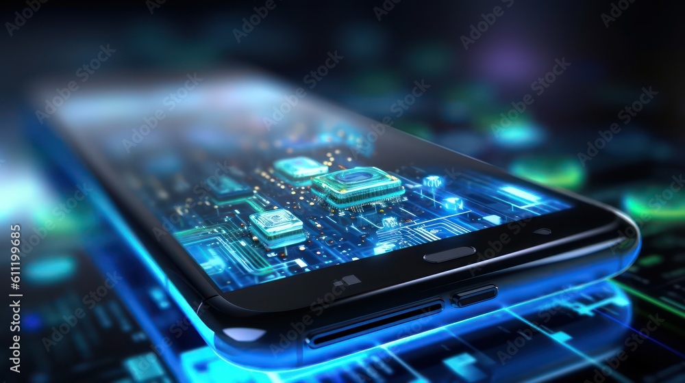 A smartphone screen in digital global network hologram technology concept. AI generated illustration
A smartphone screen in digital global network hologram technology concept. AI generated illustration