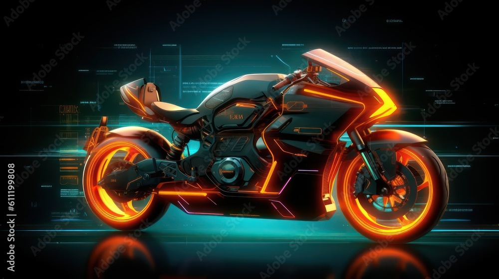 Generating AI illustration of a futuristic chopper motorcycle with abstract digital technology background.
