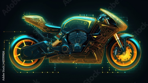 Generating AI illustration of a futuristic chopper motorcycle with abstract digital technology background.