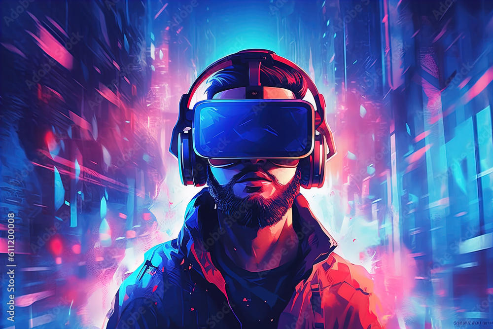Futuristic Painting of a Man Wearing a Virtual Reality Headset. Generative AI Futuristic Painting of a Man Wearing a Virtual Reality Headset. Generative AI