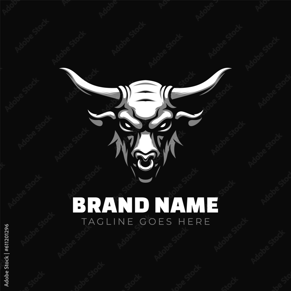 Professional logo of white bull head with long horn isolated on black background Professional logo of white bull head with long horn isolated on black background