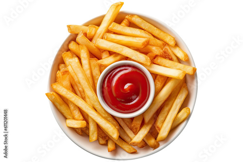 French fries or potato chips with ketchup top view isolated on white background , transparent background, PNG ,Generative AI