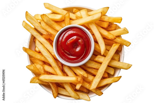 French fries or potato chips with ketchup top view isolated on white background , transparent background, PNG ,Generative AI