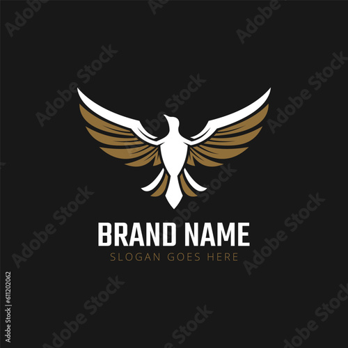 Premium luxury bird logo in white and gold color. Flying animal emblem logotype vector illustration.