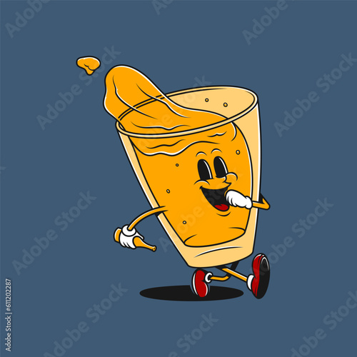 A cute glass of beer retro cartoon character. Vintage mascot vector illustration.