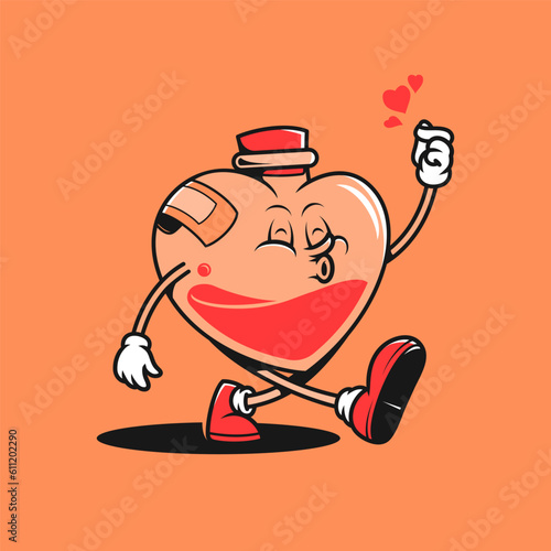 Retro love potion bottle cartoon character. Vintage mascot vector illustration.