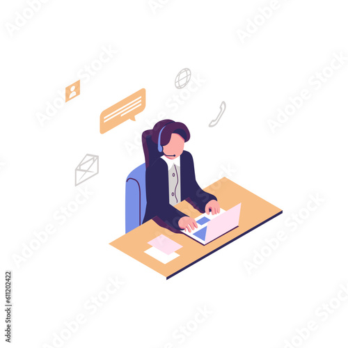 Hotline operators consult customers with headsets on computers flat style isometric illustration