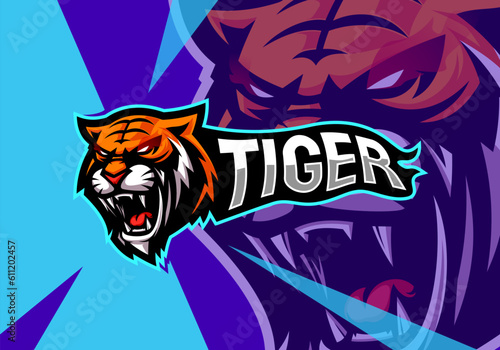 Tiger head esport mascot logo for gaming, baseball, soccer team. Silhouette of tiger head vector illustration.