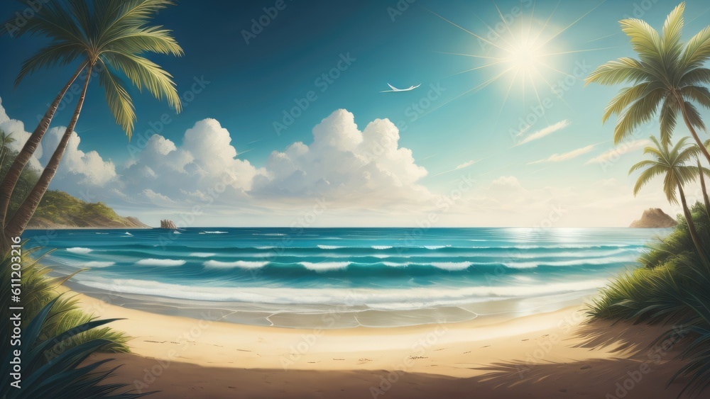 summer beach background illustration. copy space.  generative Ai	