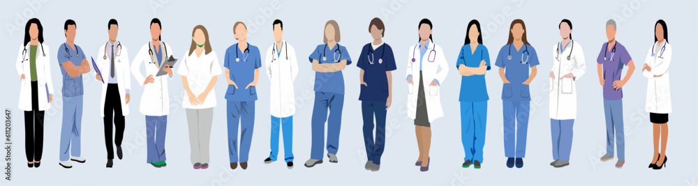Multiethnic doctor team group with leader isolated vector illustration. Set of smiling doctors, nurses, paramedics. Different male and female medic workers in uniform with stethoscopes. 