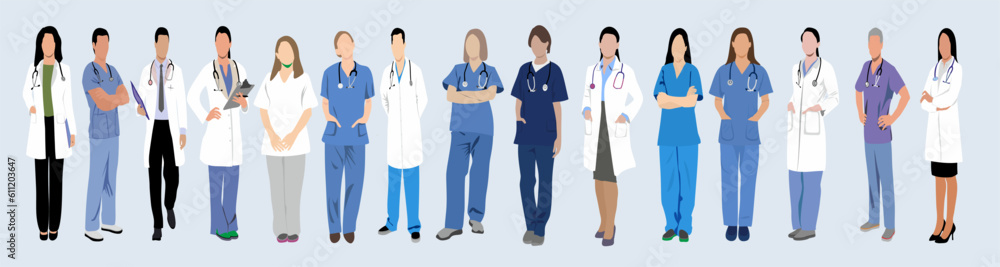 Multiethnic doctor team group with leader isolated vector illustration. Set of smiling doctors, nurses, paramedics. Different male and female medic workers in uniform with stethoscopes. Multiethnic doctor team group with leader isolated vector illustration. Set of smiling doctors, nurses, paramedics. Different male and female medic workers in uniform with stethoscopes.