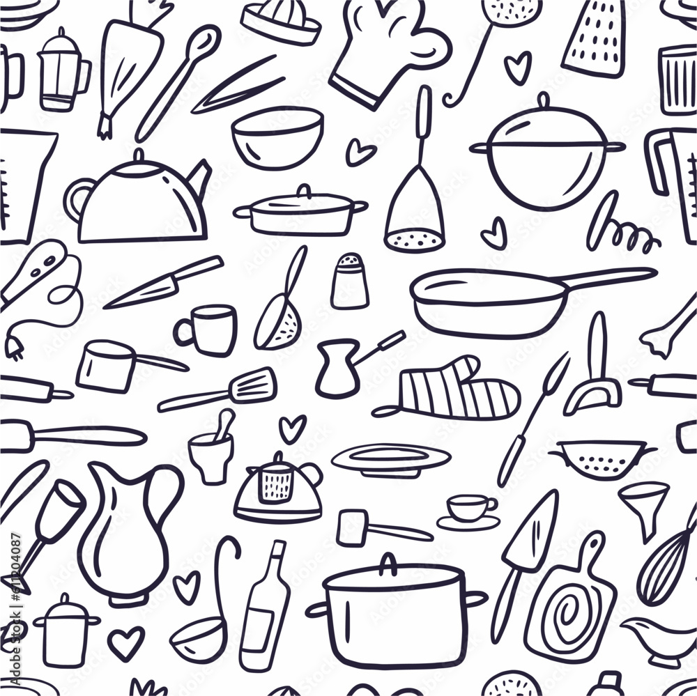 A pattern from a collection of kitchen utensils, hand-drawn in the style of a doodle A pattern from a collection of kitchen utensils, hand-drawn in the style of a doodle