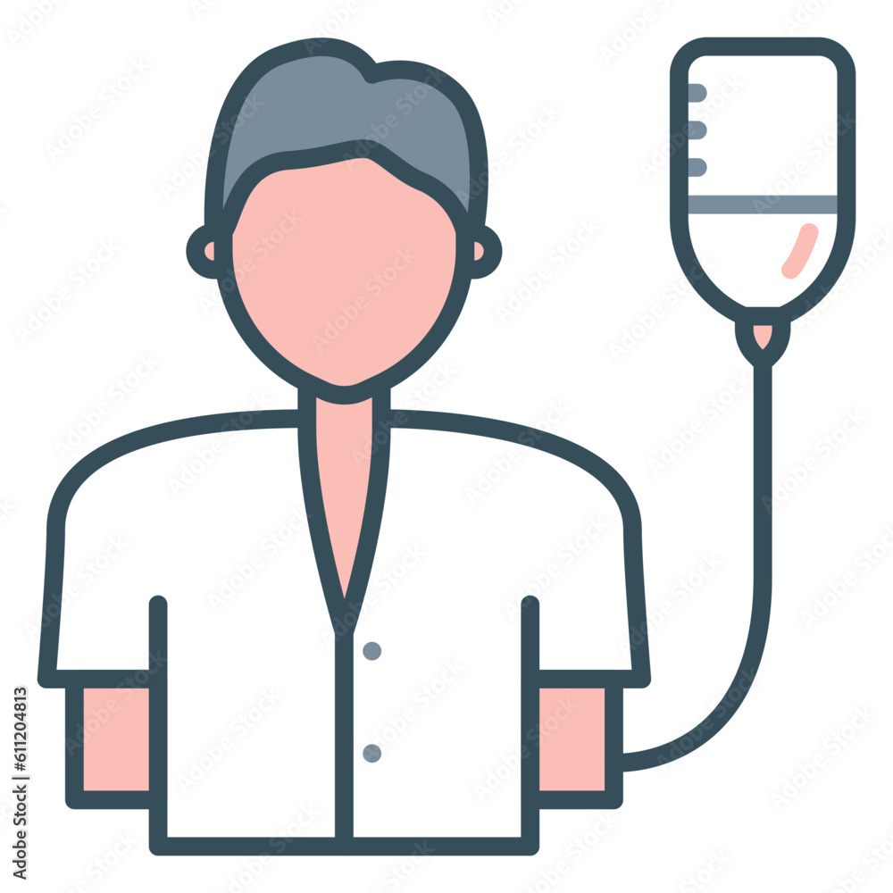Icon of a hospital patient undergoing health care with a bottle and infusion tube attached Icon of a hospital patient undergoing health care with a bottle and infusion tube attached