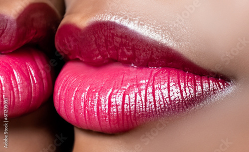 Kiss, sexy mouth. Plump lip. lips kissed, isolated on white background. Sexy kiss. Sensual lips. Lesbians lips kiss, close up. AI Generated. photo