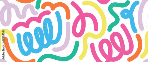 Colorful line doodle in seamless pattern. Abstract art background background vector design with childish scribble, doodle in vibrant color. Fun creative illustration for kids, fabric, prints, cover.