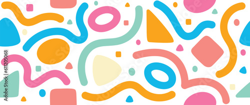 Colorful line doodle in seamless pattern. Abstract art background background vector design with childish scribble, doodle in vibrant color. Fun creative illustration for kids, fabric, prints, cover.