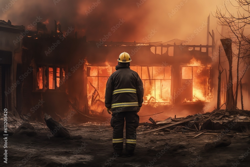 A firefighter looking at a burnt-down house. generative AI