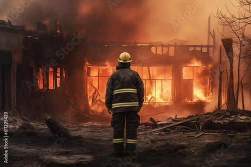 A firefighter looking at a burnt-down house. generative AI © dataimasu