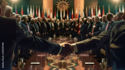 country leaders shaking hands at an international conference, Generative AI