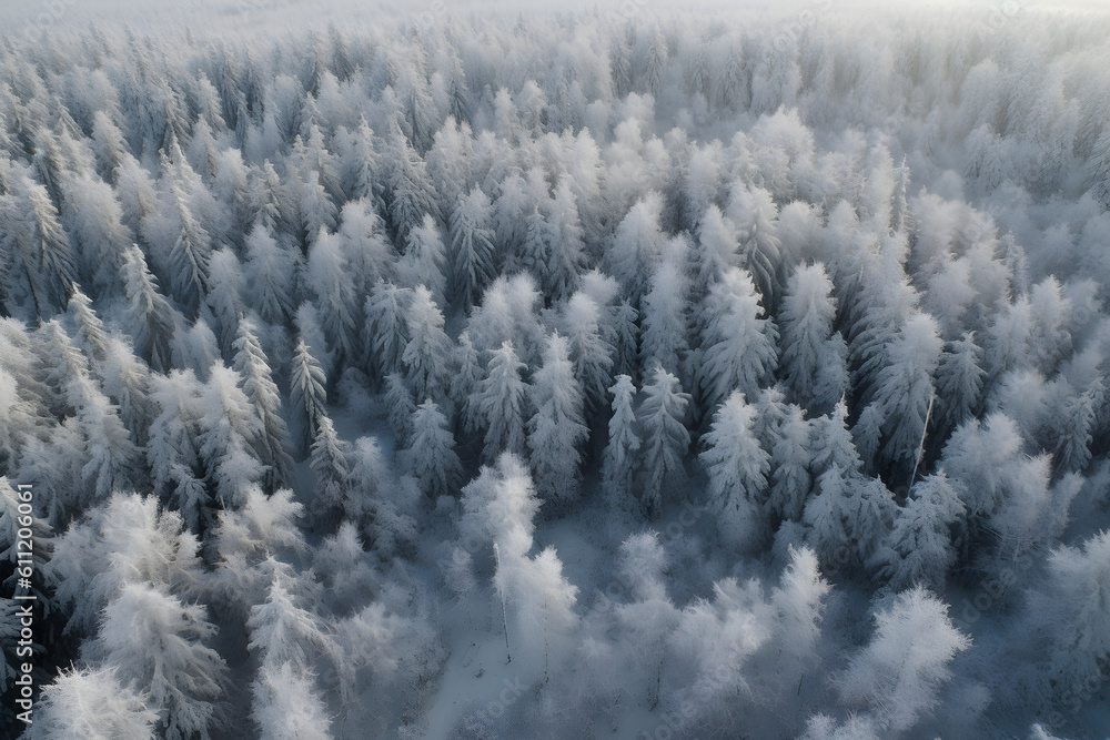 snow covered trees aerial shot, Generative AI snow covered trees aerial shot, Generative AI