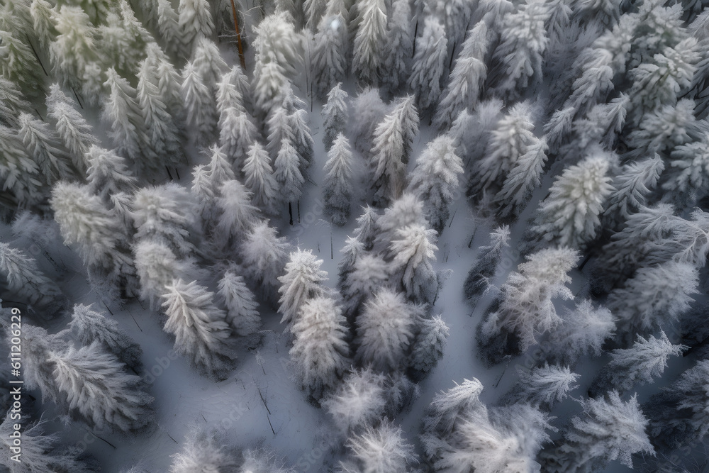 snow covered trees aerial shot, Generative AI